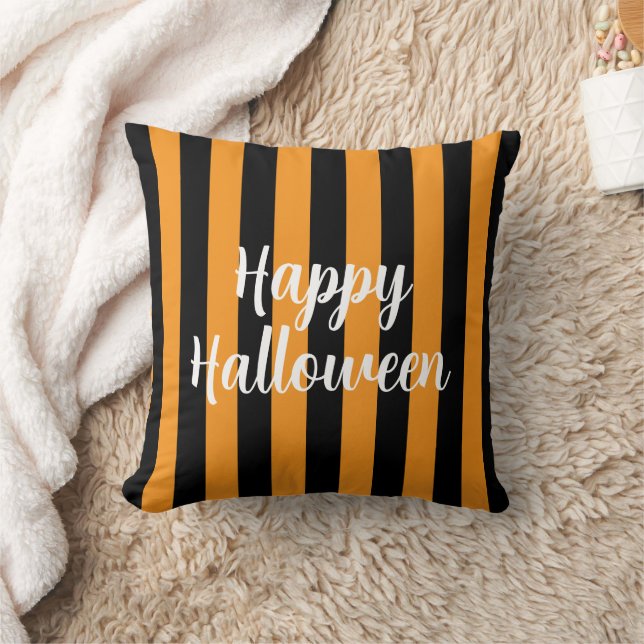 Almofada Feliz Halloween Pumpkin Orange Black Striped (Cobertor)