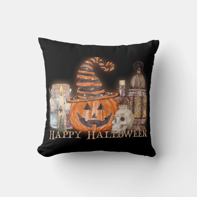 Almofada Feliz Halloween Pumpkin Watercolor (Frente)