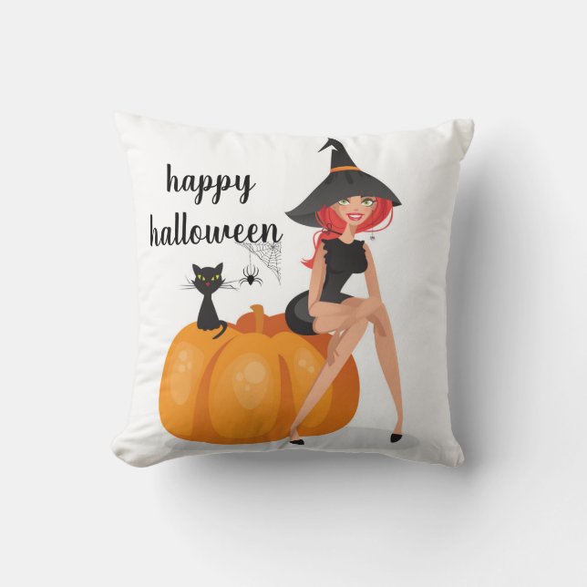 Almofada Feliz Halloween Spider Web Witch Pumpkin Gato (Frente)