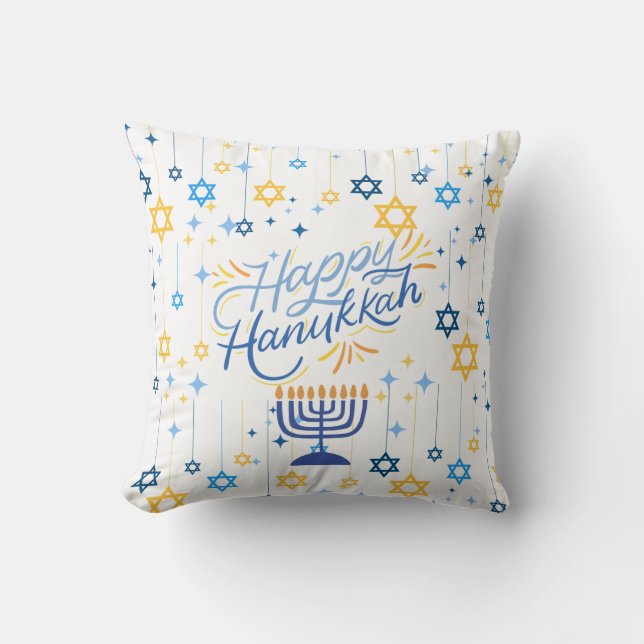 Almofada Feliz Hanukkah Azul e Dourado (Frente)