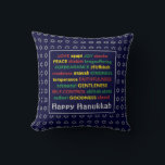 Almofada FELIZ HANUKKAH | Frutas espiritual | AZUL<br><div class="desc">Travesseiro festivo colorido com estrela de prata falsa de David em sutil padrão de fundo. A fruta DO ESPÍRITO,  incluindo as traduções hebraicas,  está escrita em vermelho,  amarelo e verde. HAPPY HANUKKAH é personalizável se você quiser adicionar seu nome. Parte da coleção HANUKKAH.</div>