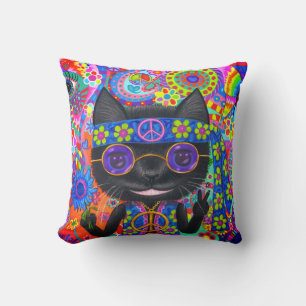 Almofada Feliz Hippie Gato Óculos de Sol Sinal de Paz Flor