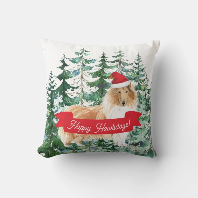 Almofada Feliz Howlidays Rough Collie Dog Natal (Frente)