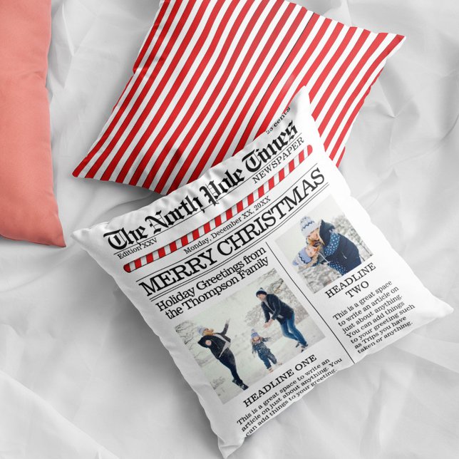 Almofada Feliz jornal personalizado de Natal (Christmas cute whimsical newspaper print photo throw pillow.)