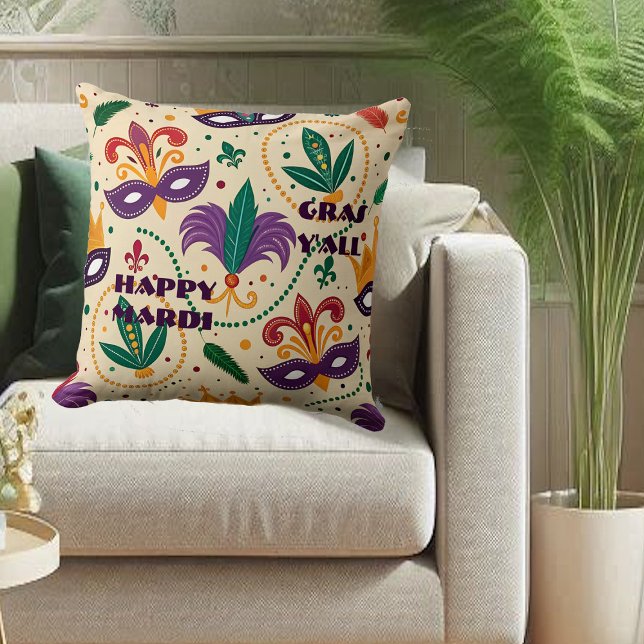 Almofada Feliz Mardi Gras Y All Mask Fleur De Lis Miçanga (Happy Mardi Gras Y'All Masks Fleur De Lis Beads Throw Pillow)