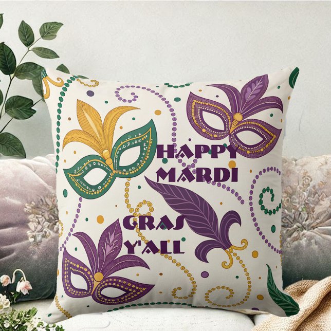 Almofada Feliz Mardi Gras Y All Mask Fleur De Lis Miçanga (Happy Mardi Gras Y'All Masks Fleur De Lis Beads Throw Pillow)