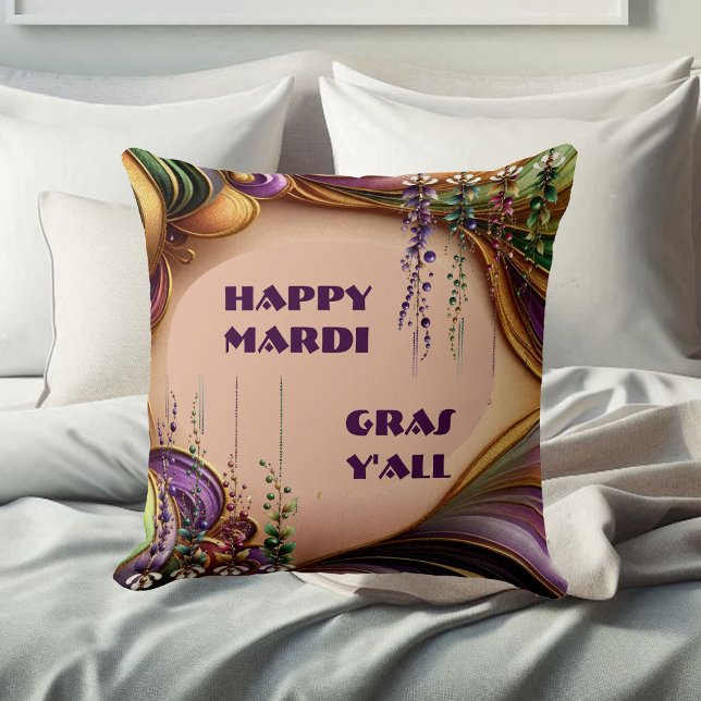 Almofada Feliz Mardi Gras Y All Purple Green Colors (Happy Mardi Gras Y'All Purple Green Gold Colors Throw Pillow)