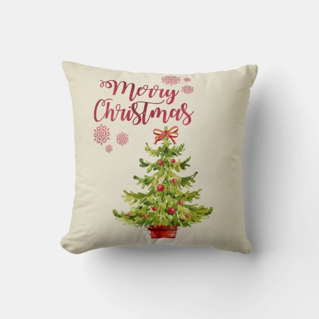 Almofada Feliz Natal, Árvore de Natal em Aquarela (Frente)