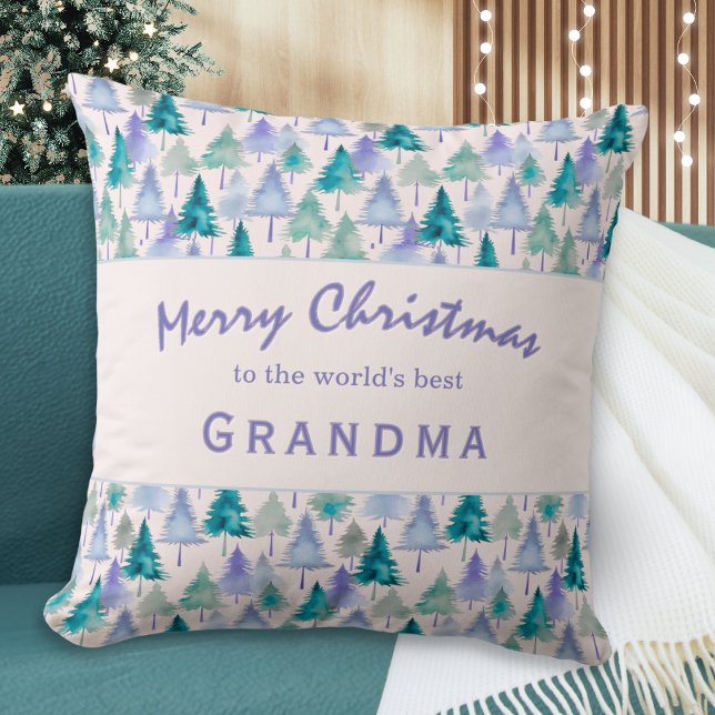 Almofada Feliz Natal Árvore Padrão Vovó Feriado (A festive pillow with Christmas trees pattern in lilac and green, for the 'World's Best Grandma')