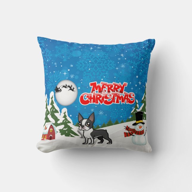Almofada Feliz Natal Boston Terrier Com Um Neve (Frente)