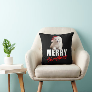 Almofada Feliz Natal Cachorro Samoyed Puppy com Papai Noel