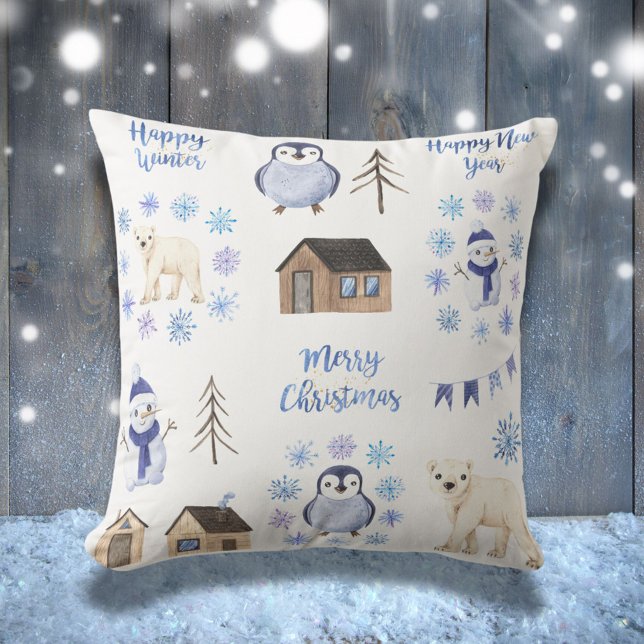Almofada Feliz Natal Cena de Férias de Inverno Azul (Criador carregado)