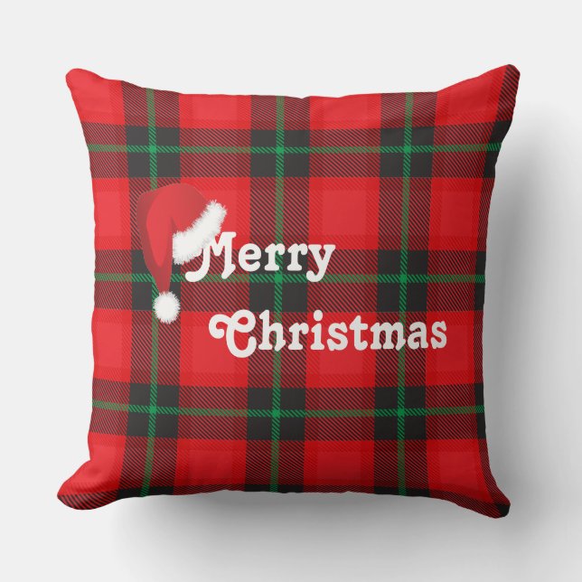 Almofada Feliz Natal - Chapéu Santa - Xadrez Tartan Padrão (Frente)