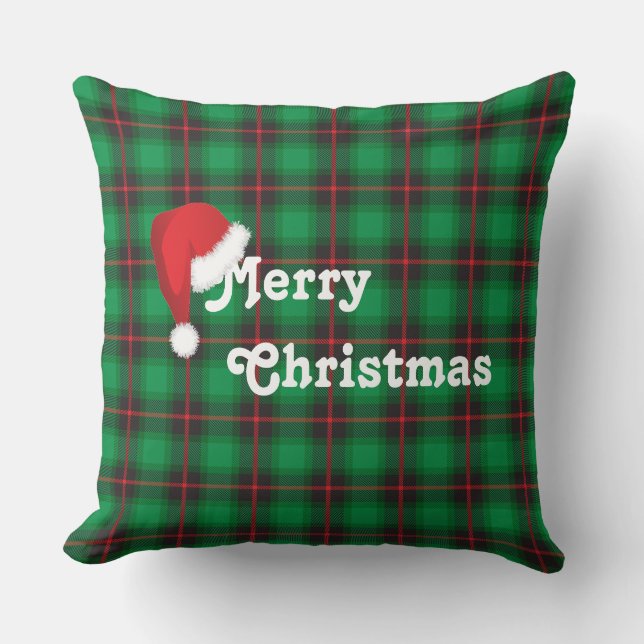 Almofada Feliz Natal - Chapéu Santa - Xadrez Tartan Padrão (Frente)