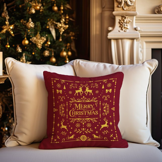 Almofada Feliz Natal Clássico Feriado Vermelho Nórdico (Merry Christmas Classic Nordic Red Holiday Throw Pillow)