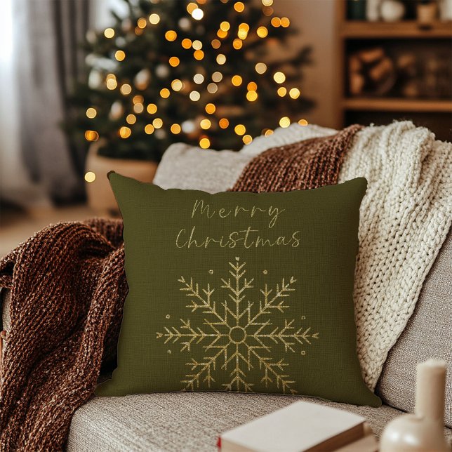 Almofada Feliz Natal / Dourado Snowflake Sage Green (Merry Christmas / Gold Snowflake Sage Green Throw Pillow)