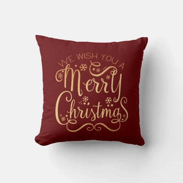 Almofada Feliz Natal Dourado Tipografia Vermelha (Frente)