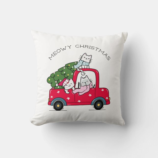 Almofada Feliz Natal Feriado de Gatos-Caminhão Vermelho (Frente)