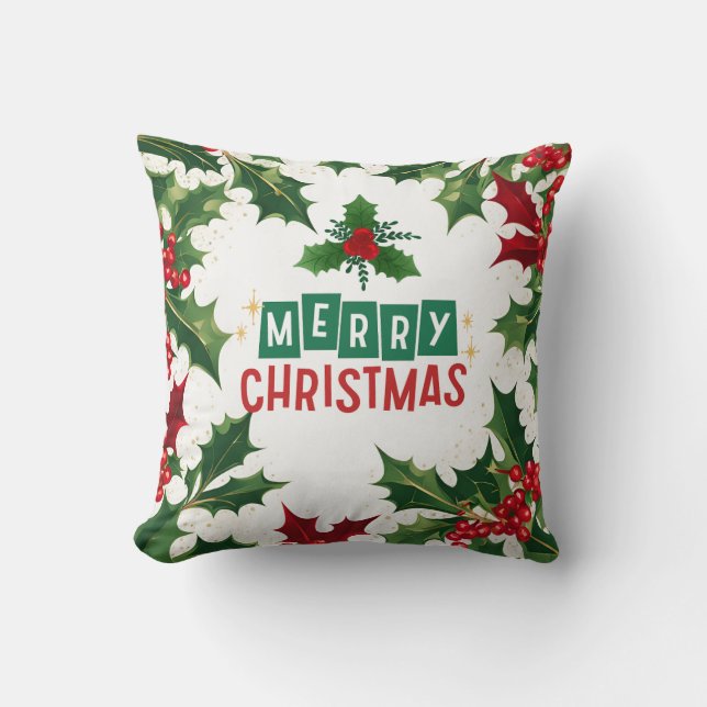 Almofada Feliz Natal Feriado Vermelho Verde Holly (Frente)