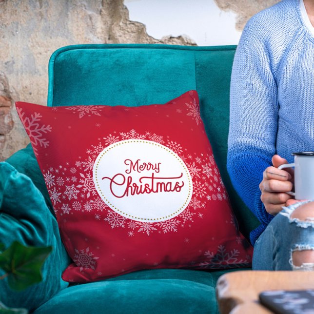 Almofada Feliz Natal Flocos de Neve Vermelha Férias de inve (Criador carregado)