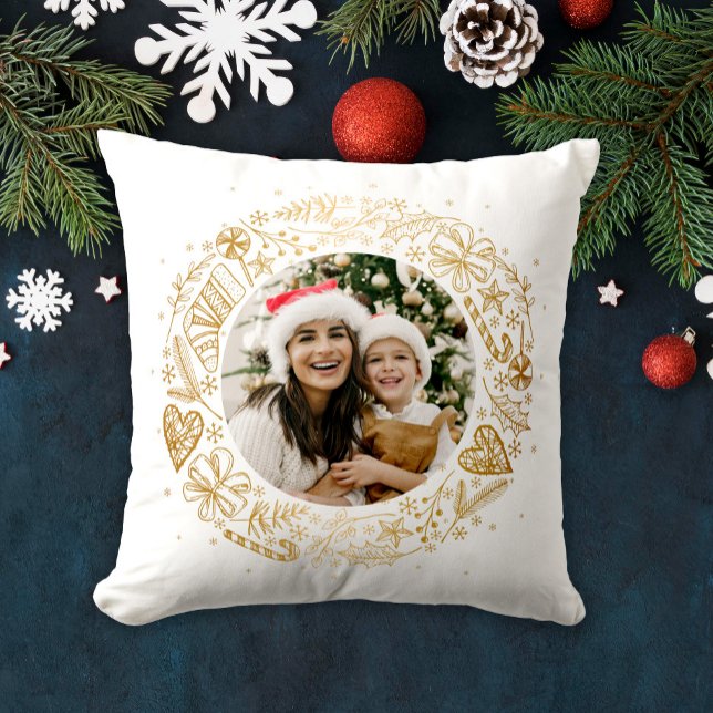 Almofada Feliz Natal Foto Dourada wreath (Criador carregado)