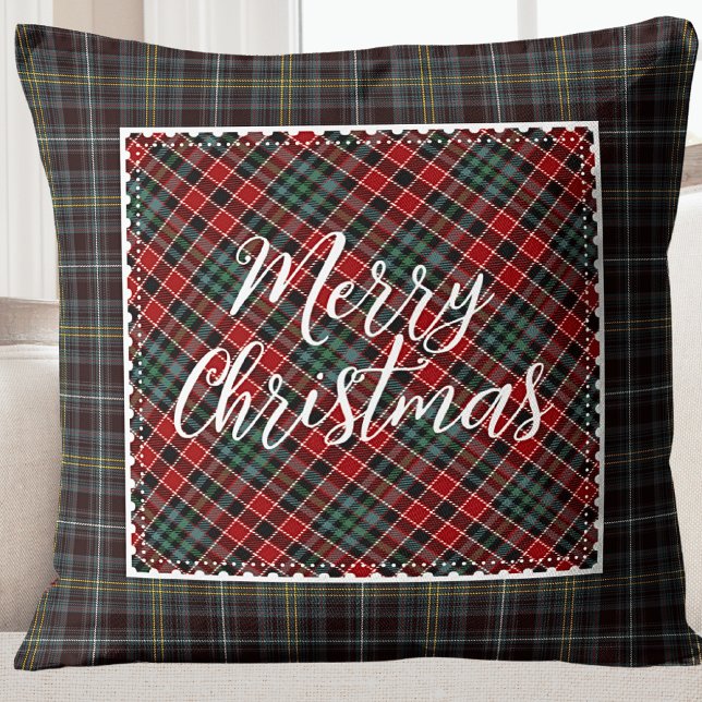 Almofada Feliz Natal Moderno Farmhouse Russo (Rustic Plaid Holiday Photo Kids Throw Pillow)