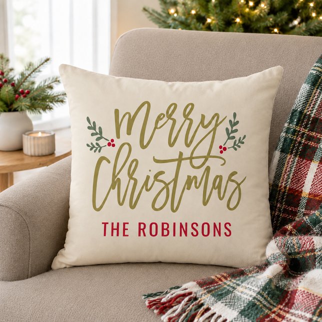 Almofada Feliz Natal Nome da Família em Script Dourado Bege (Criador carregado)