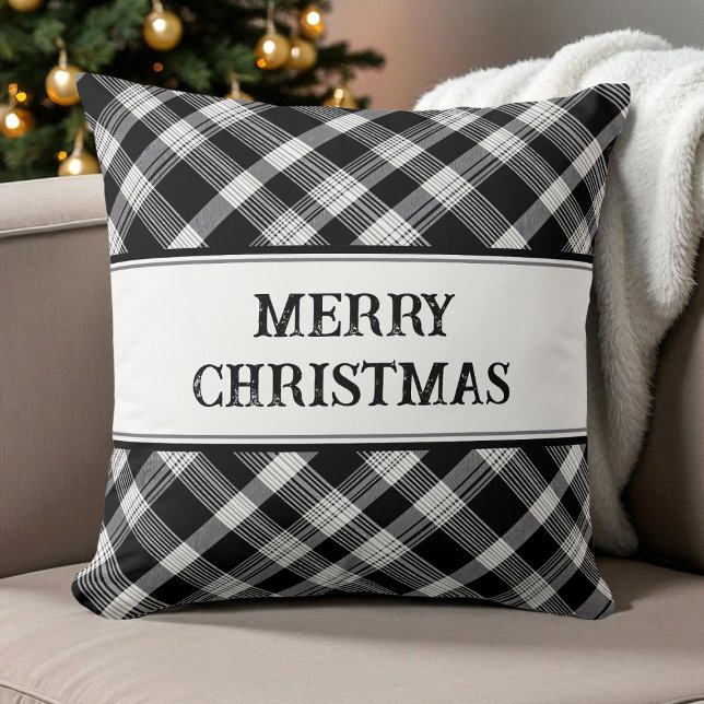 Almofada Feliz Natal, preto e branco, Xadrez moderna, Natal (Merry Christmas Black and White Plaid Modern Xmas Throw Pillow)