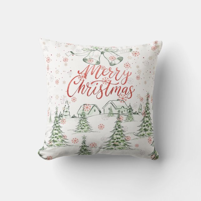 Almofada Feliz Natal, Red e Green Snowy Trees (Frente)