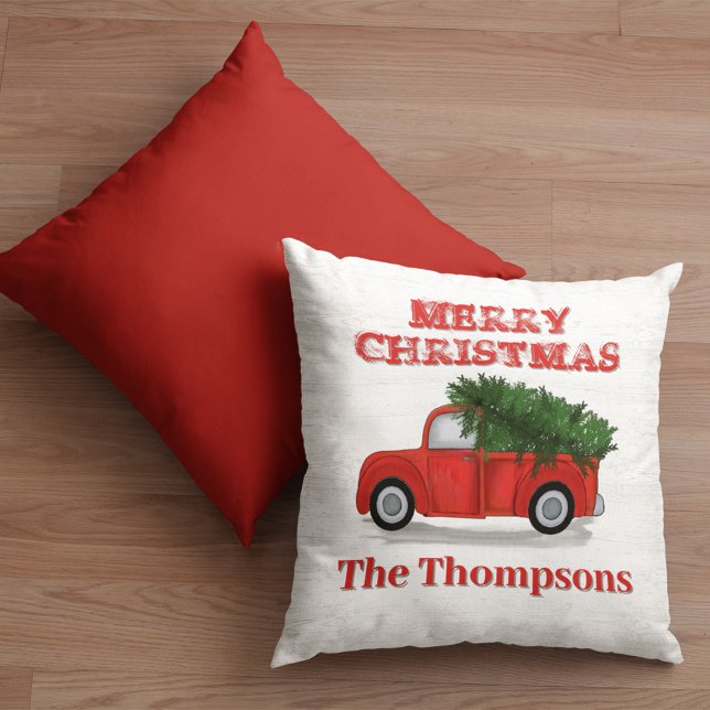 Almofada Feliz Natal Red Truck Personalizado (Merry Christmas rustic red truck custom throw pillow.)