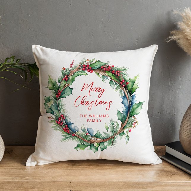 Almofada Feliz Natal Script Holiday Wreath (Criador carregado)