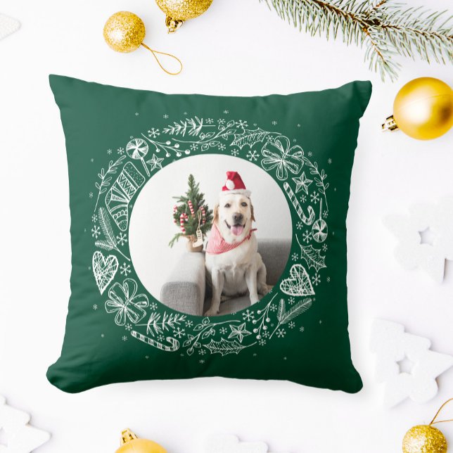 Almofada Feliz Natal Sua Foto Dourada Coroa Verde (Criador carregado)