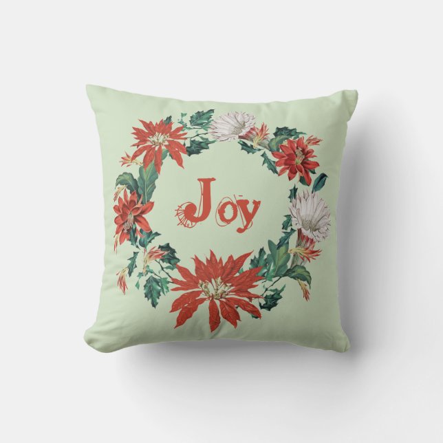 Almofada Feliz Natal Vermelho Joy Floral Wreath na Sage (Frente)
