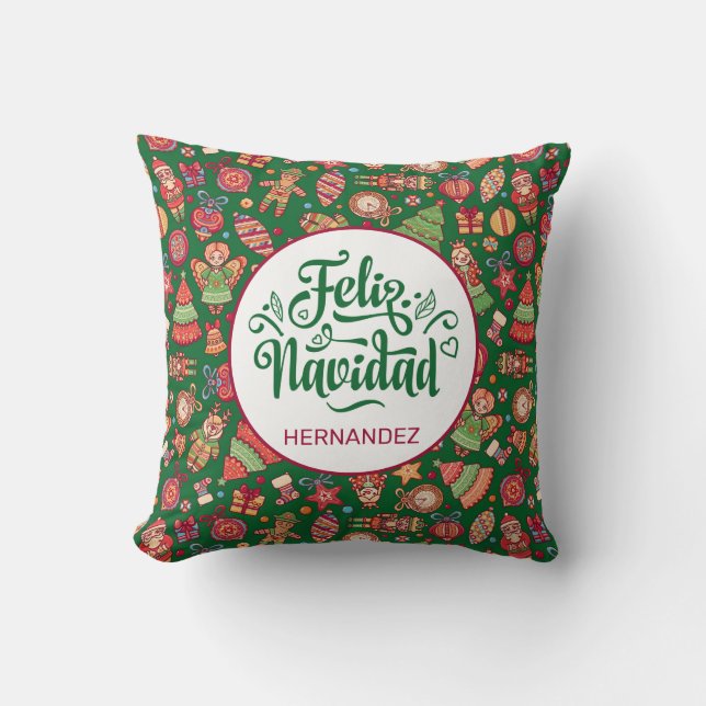 Almofada Feliz Navidad Folk Art Green Personalizado (Frente)