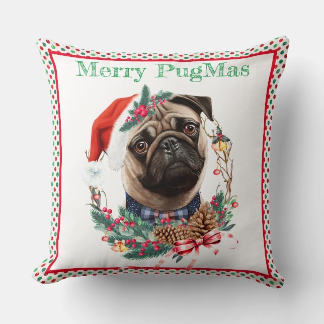 Almofada Feliz PugMas - Cute Pug Vestindo Santa Hat (Frente)
