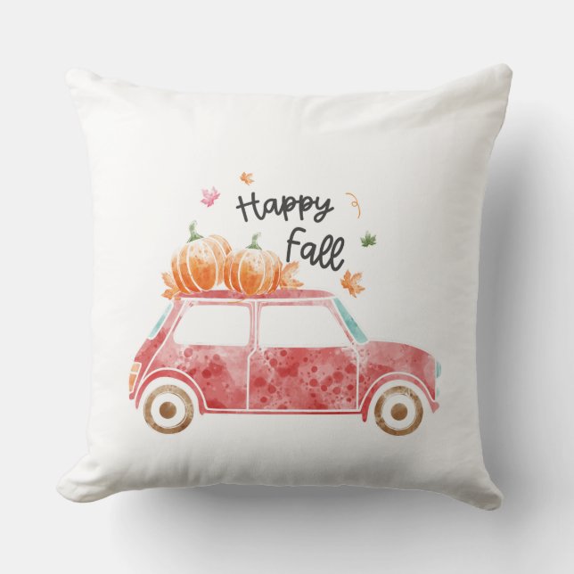 Almofada Feliz Queda - Carro Rosa com Carro Pumpkins no out (Frente)