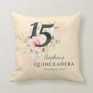 Almofada Feliz Quinceanera Rosa, 15 de Russo Floral, Aniver
