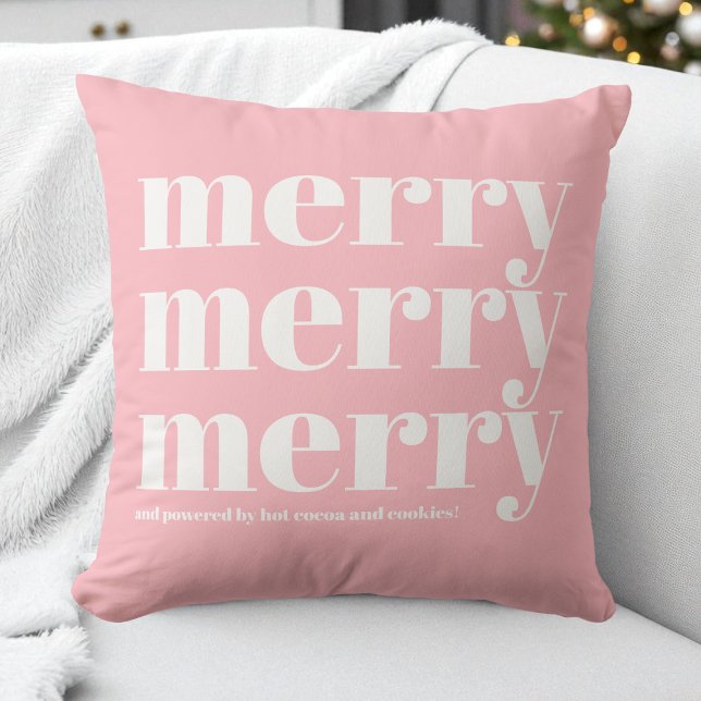 Almofada Feliz Rosa Tipografia Branca Divertido Natal Simpl (Merry Pink White Typography Fun Simple Christmas Throw Pillow)