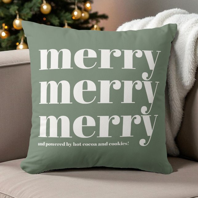 Almofada Feliz Verde Tipografia Branca Diversão Retro Natal (Merry Green White Typography Fun Retro Christmas Throw Pillow)