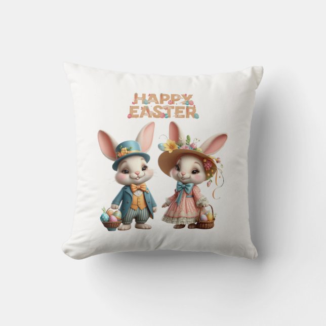 Almofada Felz pascoa branco, com 2 coelhos (Frente)