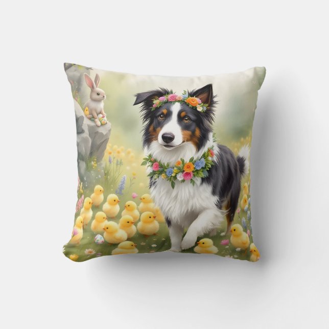 Almofada Felz pascoa Collie e Pintinhos (Frente)