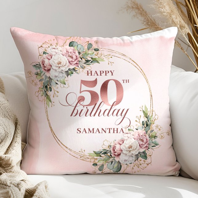 Almofada Feminine Rose Gold Blush Floral 50th Birthday Gift (Feminine Rose Gold Blush Floral 50th Birthday Gift Pillow)