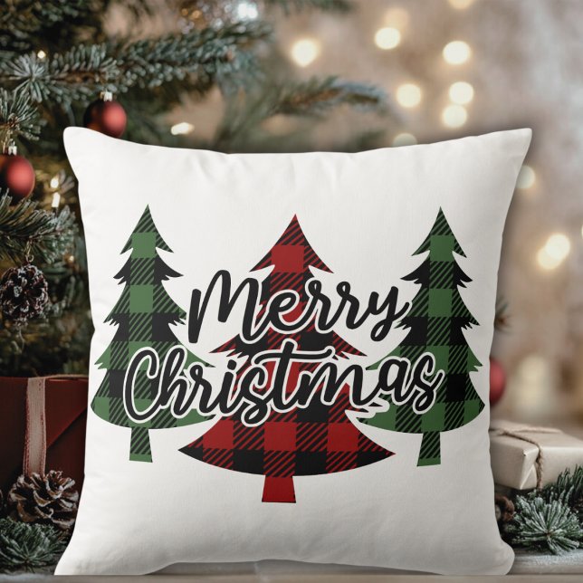 Almofada Feriado das Árvores de Natal Feliz Xadrez de Buffa (Buffalo Plaid Merry Christmas Trees Holiday Throw Pillow)