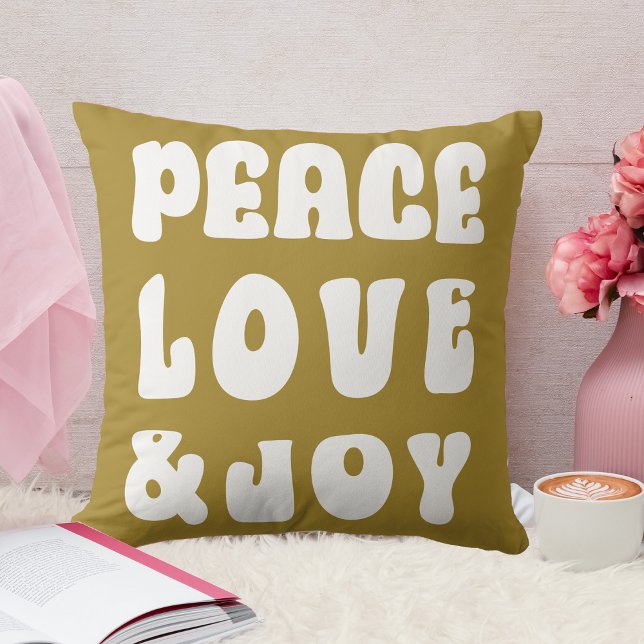 Almofada Feriado de Joy Amor de Paz Verde Retro (Green Retro Groovy Peace Love Joy Holiday Throw Pillow)