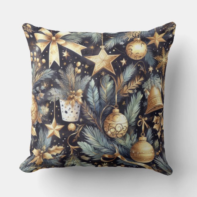 Almofada Feriado de Motifs de Natal Dourado Azul com Marinh (Frente)