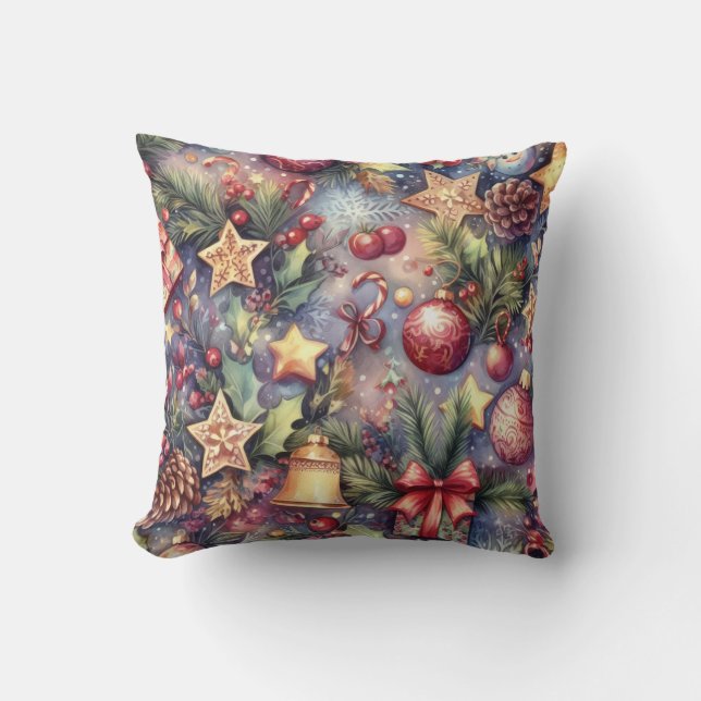 Almofada Feriado de Motifs de Natal Roxo com Aquarela (Frente)