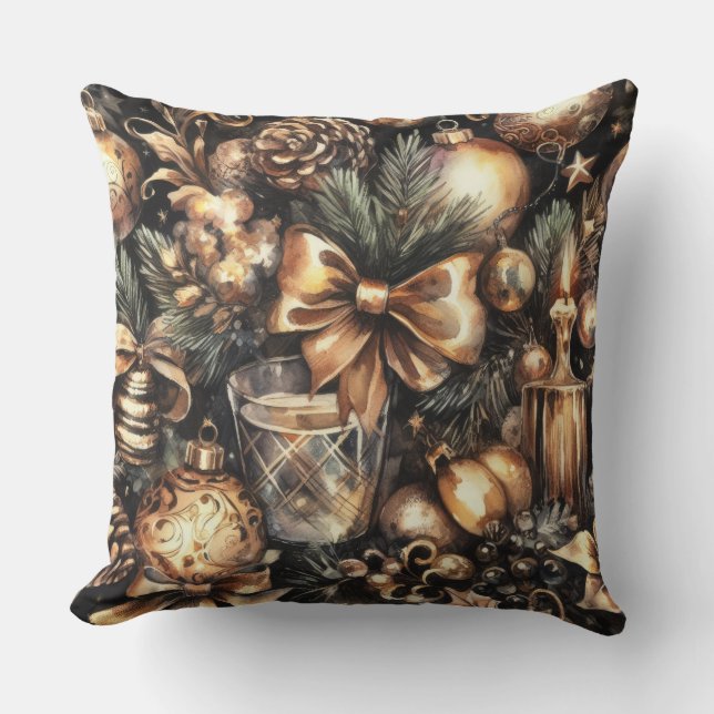 Almofada Feriado de Motifs Natal Dourado Preto com Aquarela (Frente)