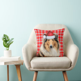Almofada Feriado de Natal da Xadrez Vermelha Collie Dog