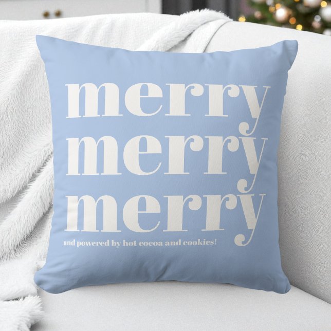 Almofada Feriado de Natal divertido com Tipografia Branca f (Merry Blue White Typography Fun Christmas Holiday Throw Pillow)