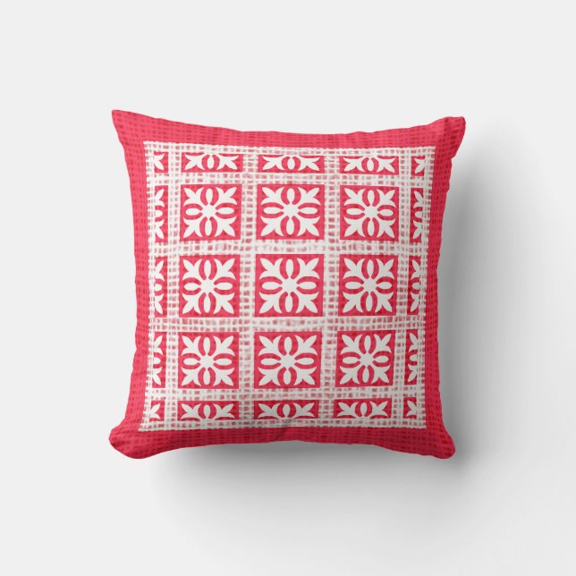 Almofada Feriado de Textura Burlap Padrão Vermelho e Branco (Frente)